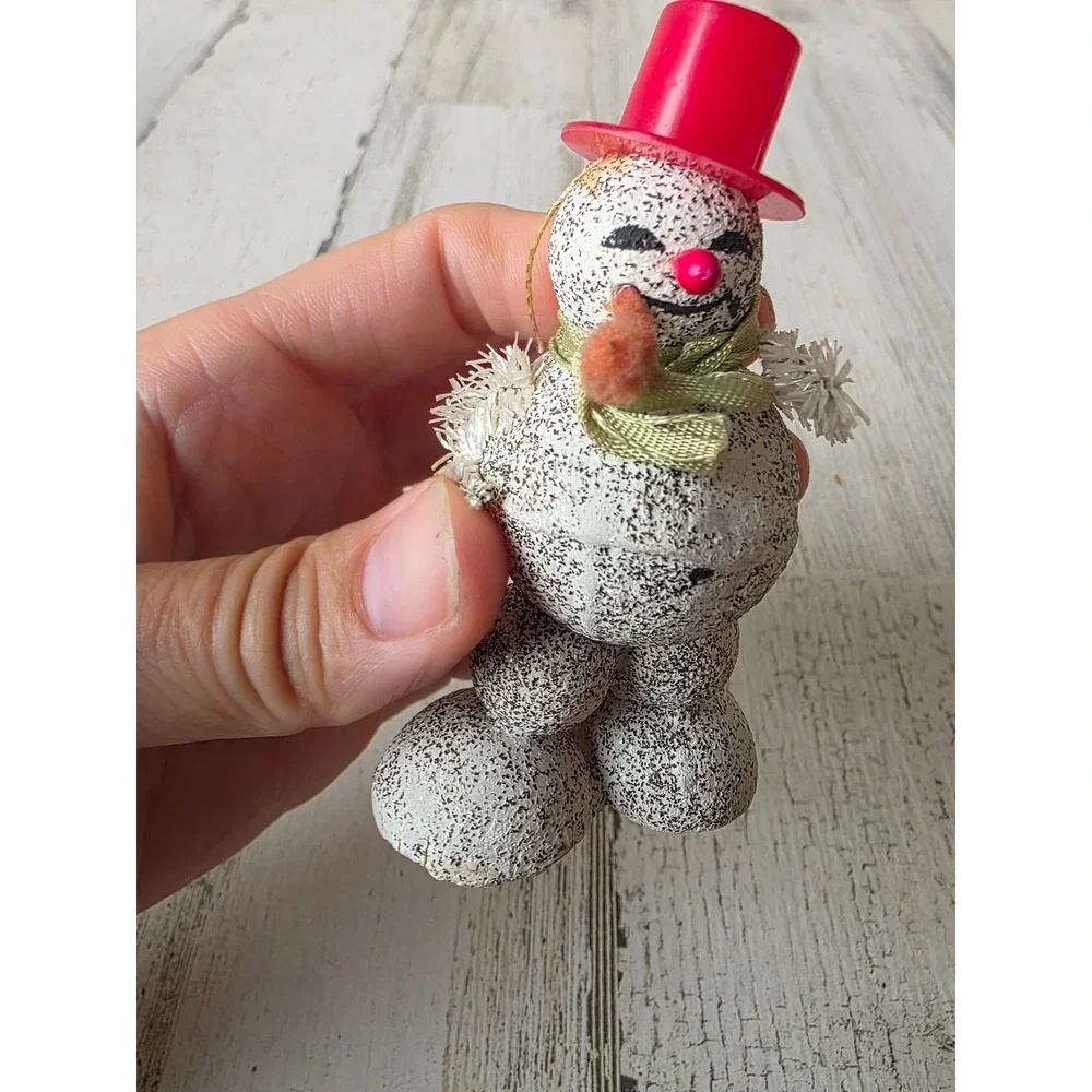 Vintage Japan putz snowman ornament top hat Frosty mica Xmas tree chenille